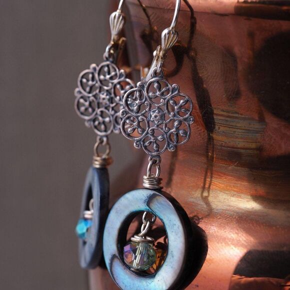 Mother of Pearl Hoops and Silver Filigree Earrings - Picture 1 of 6
